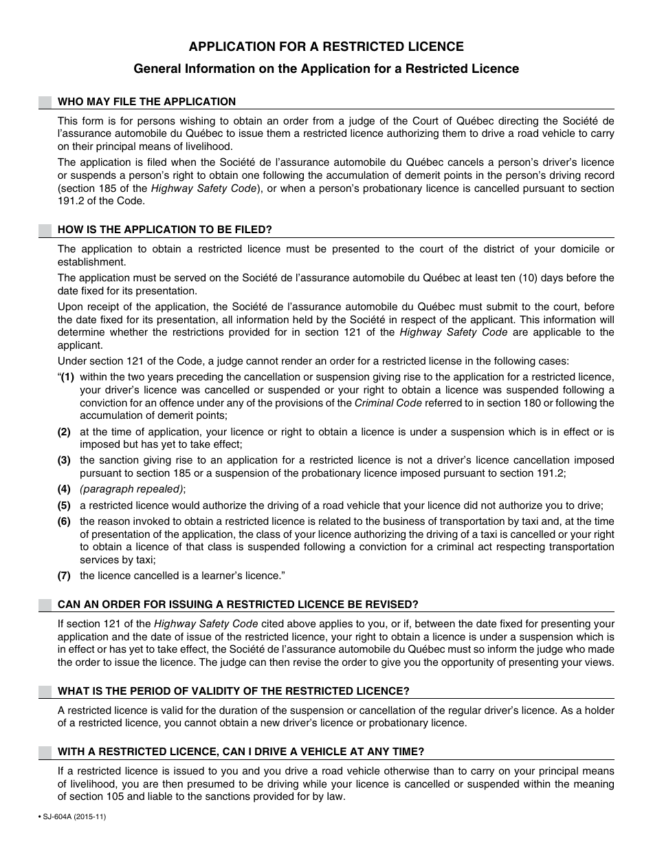 Form SJ-604A Application for a Restricted Licence - Quebec, Canada, Page 2
