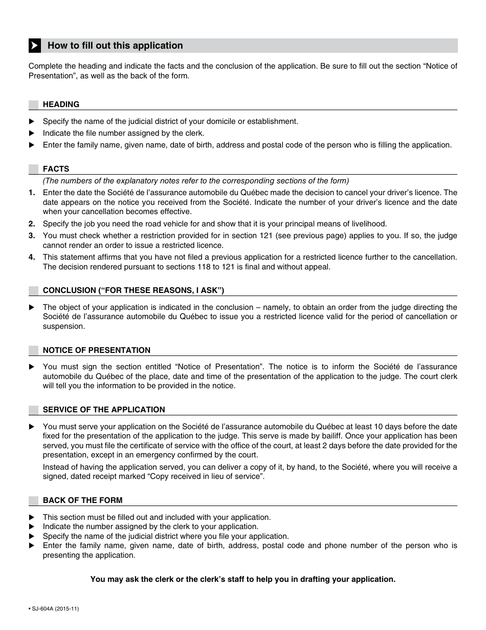 Form SJ-604A Application for a Restricted Licence - Quebec, Canada, Page 3