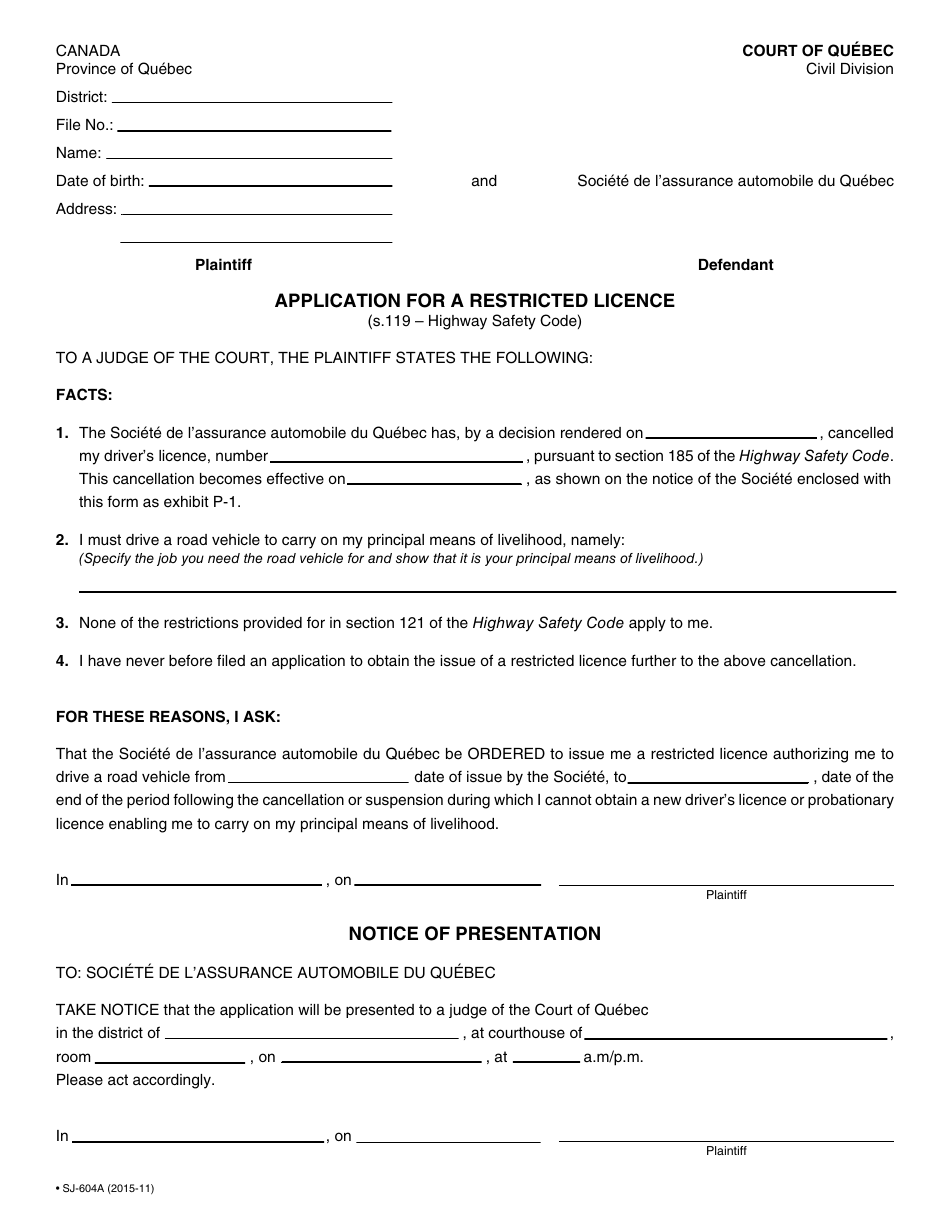 Form SJ-604A Application for a Restricted Licence - Quebec, Canada, Page 4