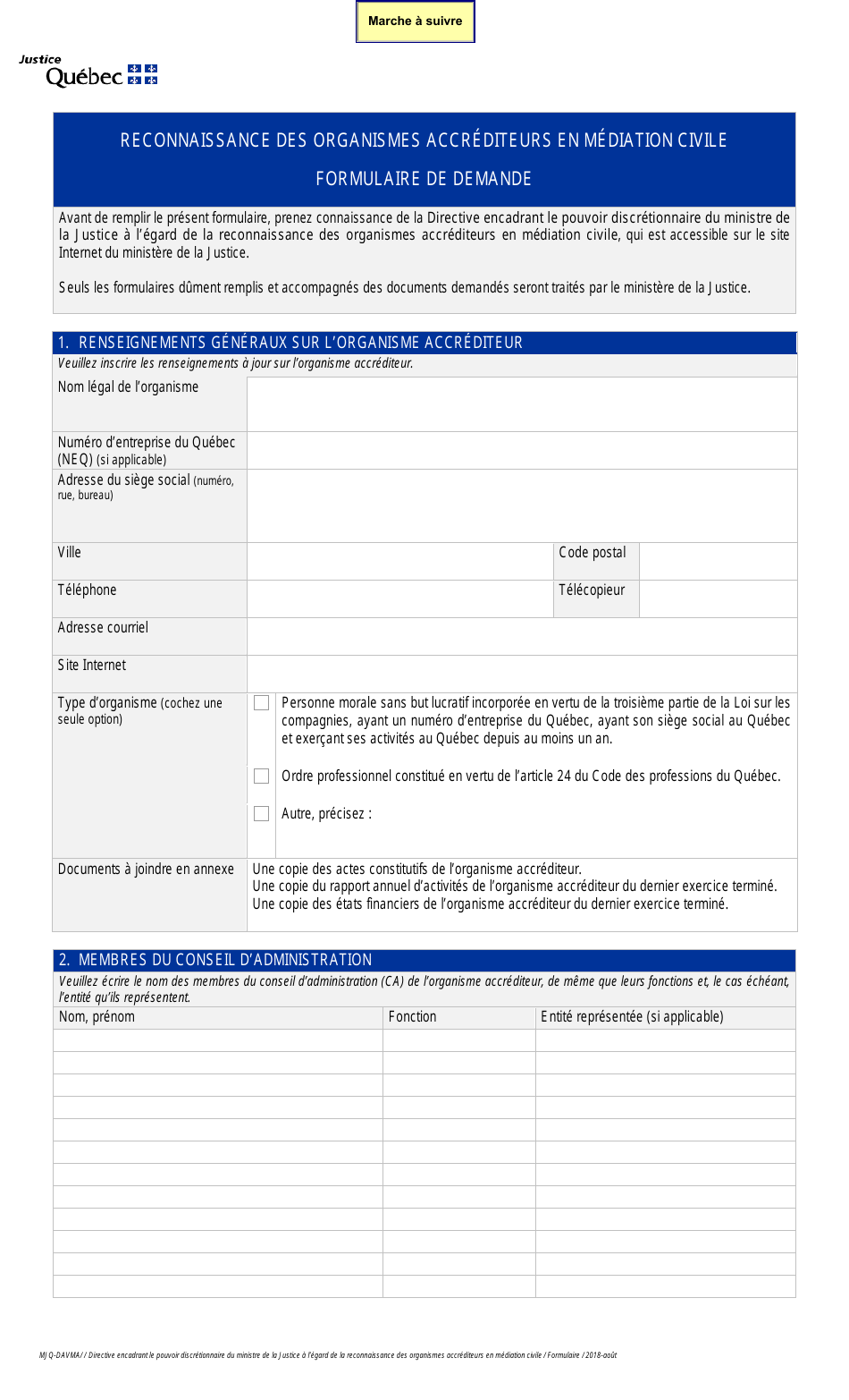 Reconnaissance DES Organismes Accrediteurs En Mediation Civile Formulaire De Demande - Quebec, Canada (French), Page 1