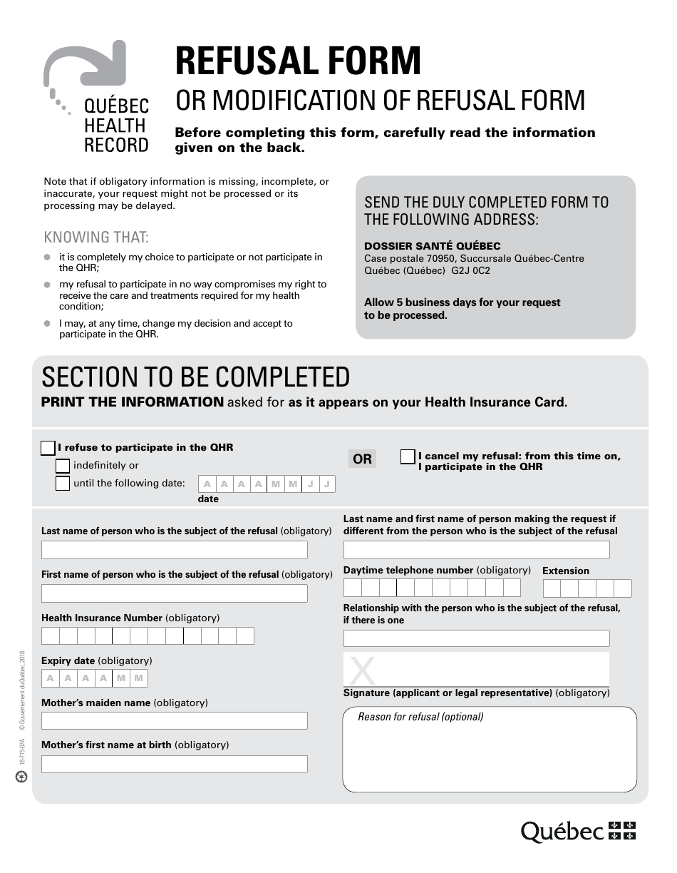Refusal Form or Modification of Refusal Form - Quebec, Canada, Page 1