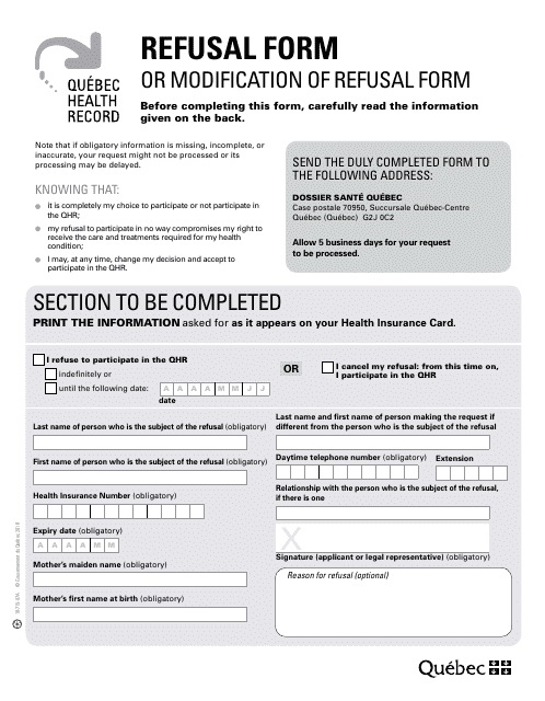 Refusal Form or Modification of Refusal Form - Quebec, Canada Download Pdf