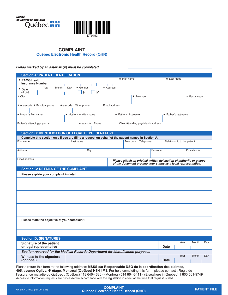 Form Ah 615a Dt9193 Download Printable Pdf Or Fill Online Quebec Electronic Health Record Qhr Complaint Quebec Canada Templateroller