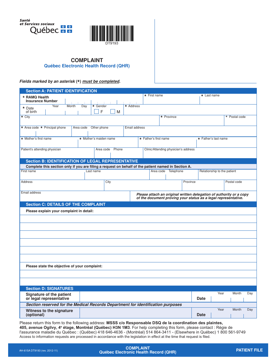 Form AH-615A DT9193 Quebec Electronic Health Record (Qhr) Complaint - Quebec, Canada, Page 1