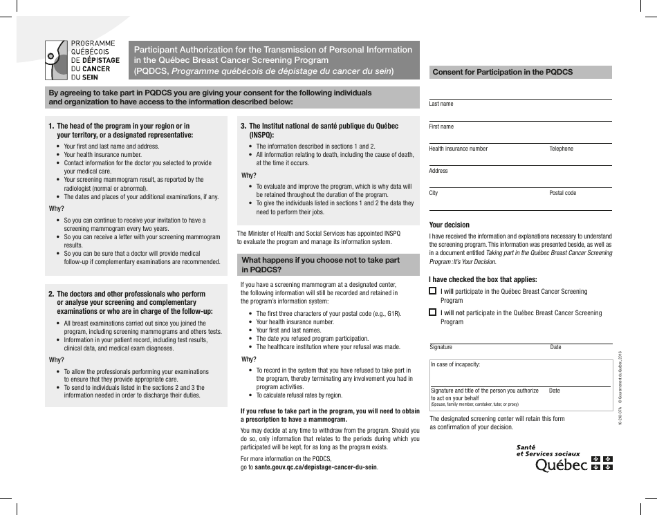 Participant Authorization for the Transmission of Personal Information in the Quebec Breast Cancer Screening Program - Quebec, Canada, Page 1