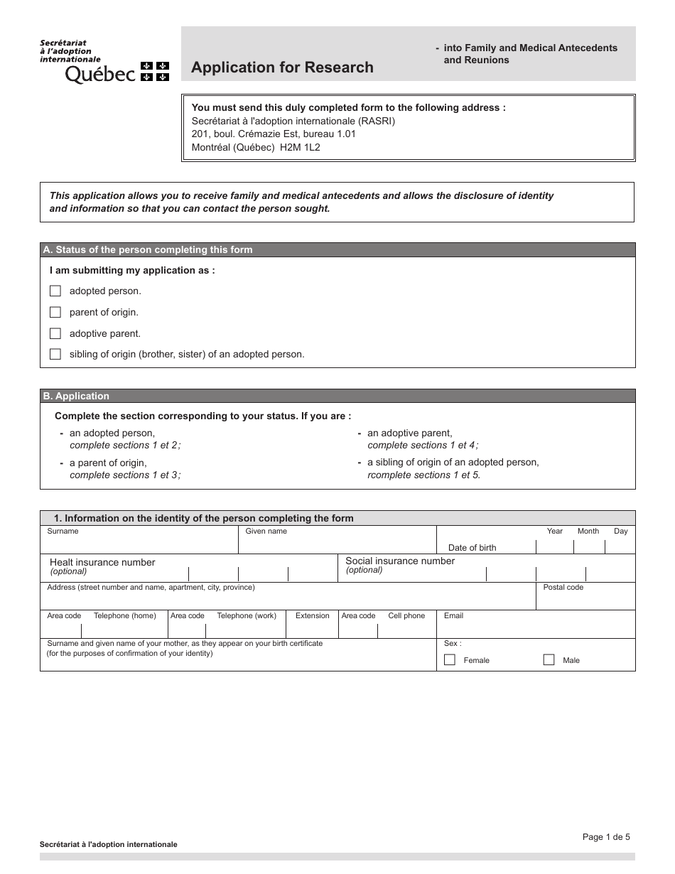 Application for Research - Quebec, Canada, Page 1