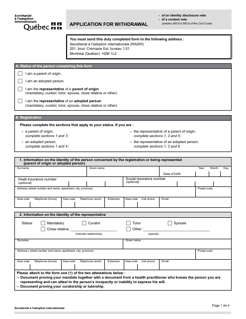 Application for Withdrawal - Quebec, Canada Download Pdf