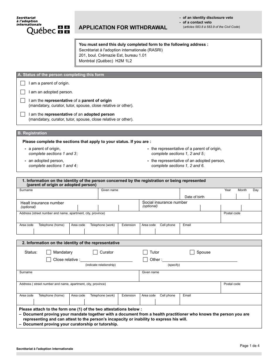 Application for Withdrawal - Quebec, Canada, Page 1