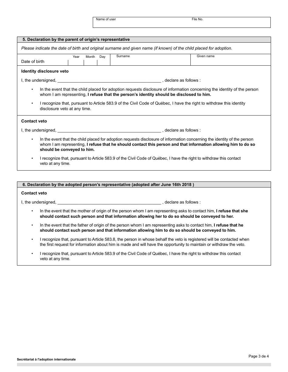 Registration of an Identity Disclosure Veto or of a Contact Veto - Quebec, Canada, Page 3