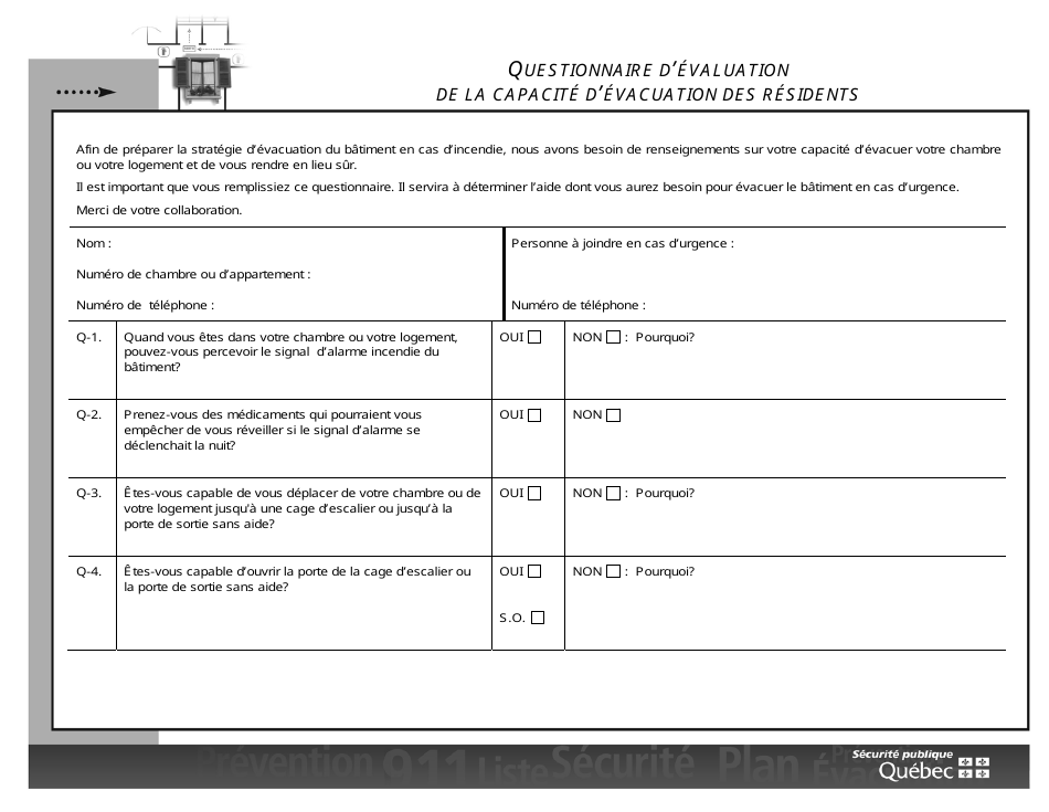 Questionnaire Devaluation De La Capacite Devacuation DES Residents - Quebec, Canada (French), Page 1