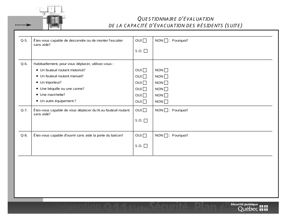 Questionnaire Devaluation De La Capacite Devacuation DES Residents - Quebec, Canada (French), Page 2
