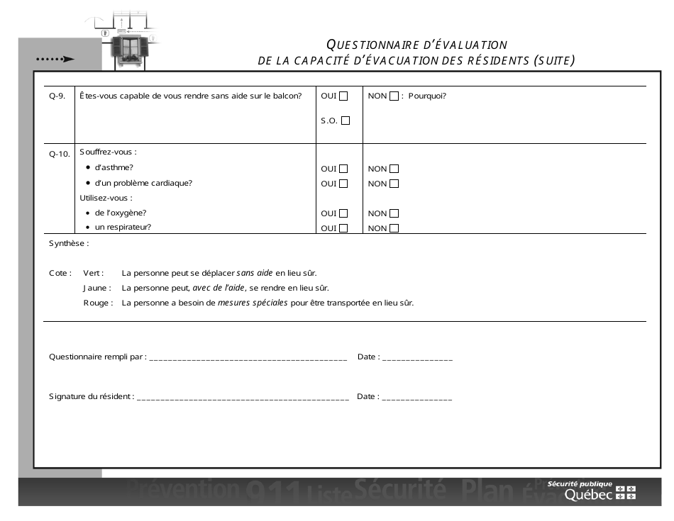 Questionnaire Devaluation De La Capacite Devacuation DES Residents - Quebec, Canada (French), Page 3