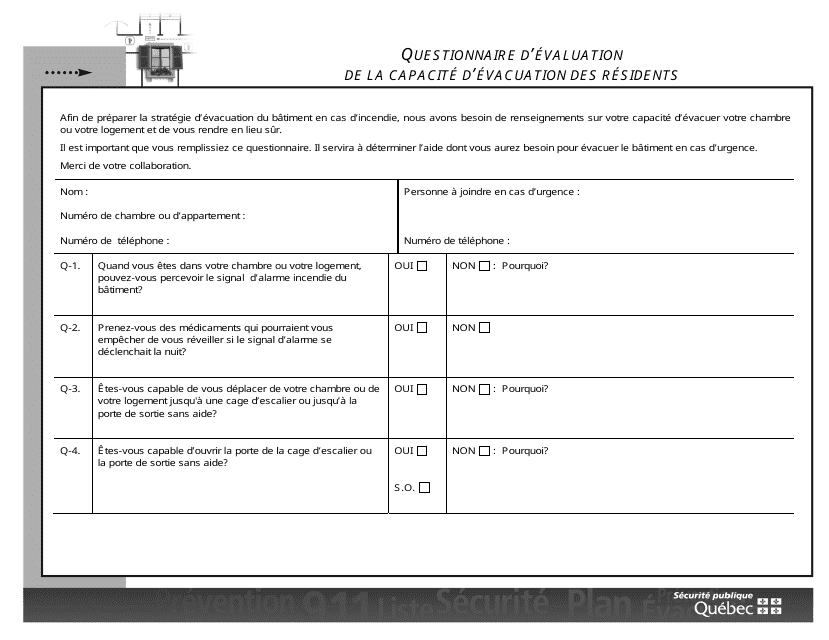 Questionnaire D'evaluation De La Capacite D'evacuation DES Residents - Quebec, Canada (French)