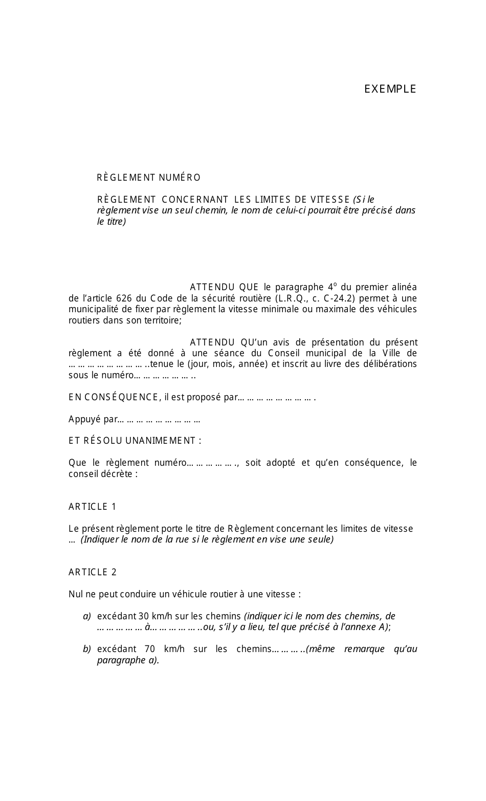 Modele De Reglement Municipal - Limite De Vitesse - Quebec, Canada (French), Page 1