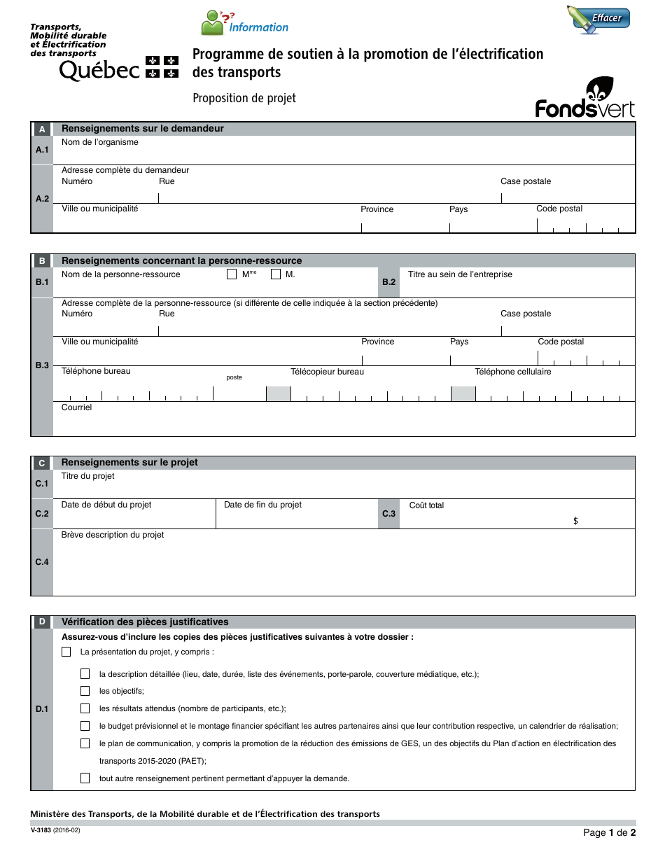 Forme V-3183 Programme De Soutien a La Promotion De Lelectrification DES Transports Proposition De Projet - Quebec, Canada (French), Page 1