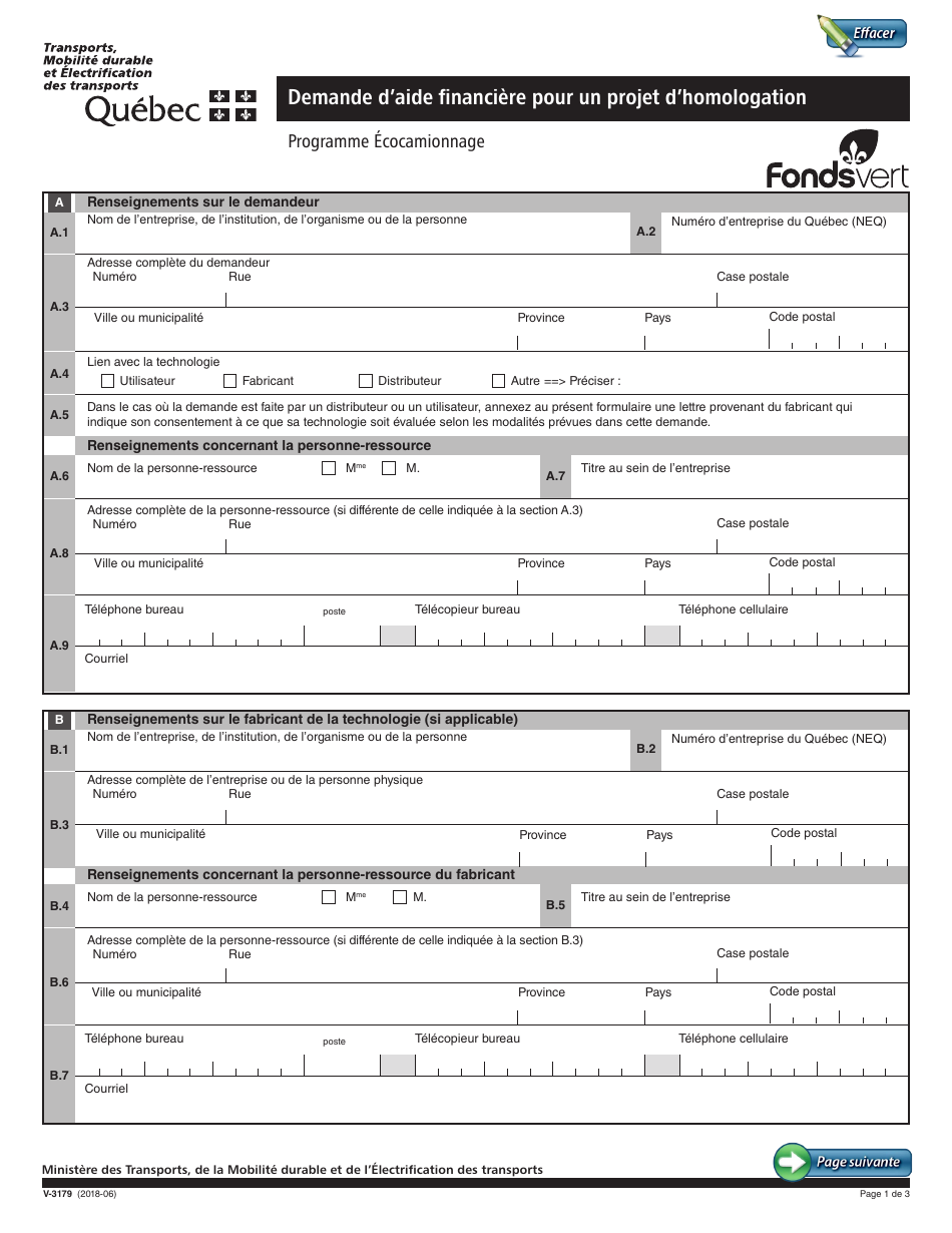 Forme V-3179 Demande Daide Financiere Pour Un Projet Dhomologation - Programme Ecocamionnage - Quebec, Canada (French), Page 1