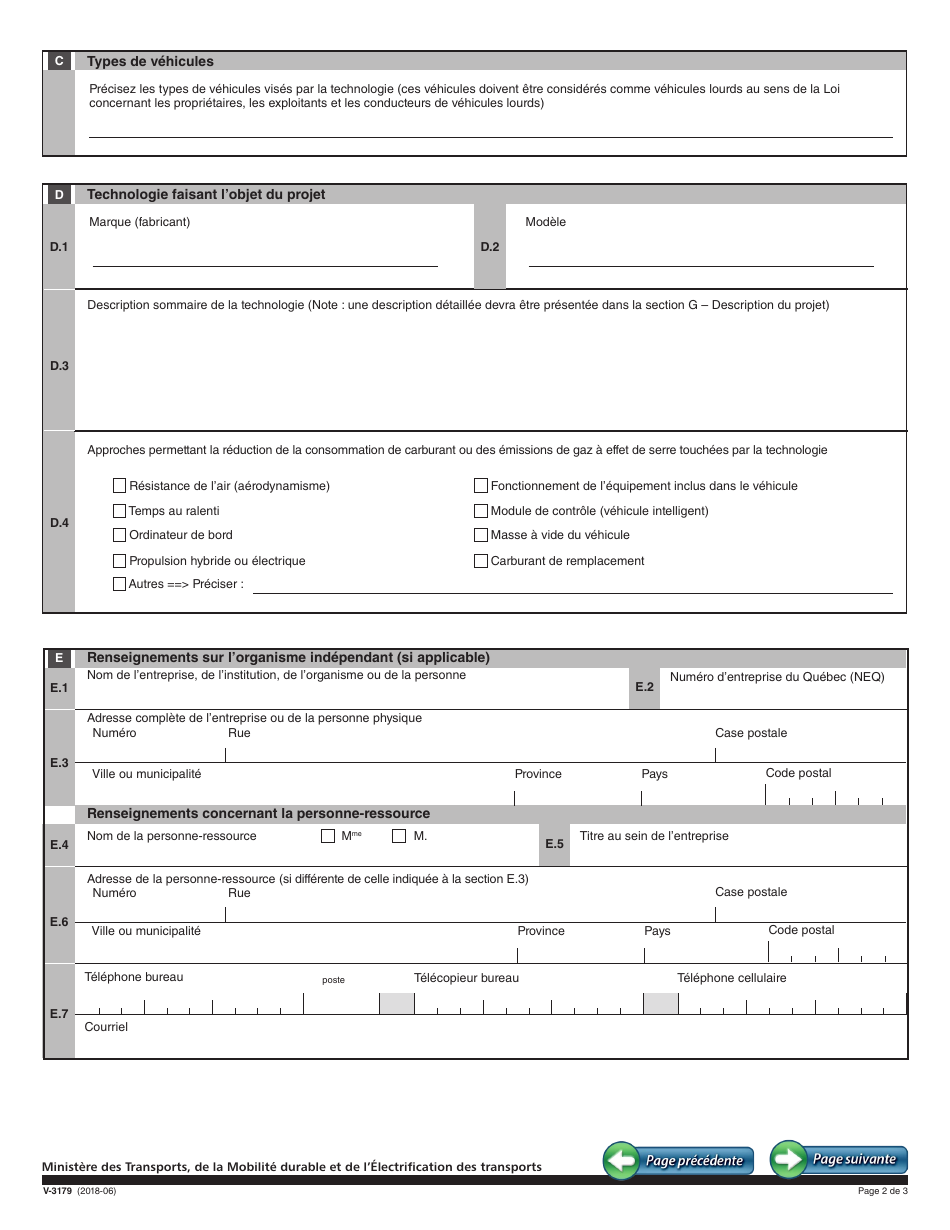 Forme V-3179 Demande Daide Financiere Pour Un Projet Dhomologation - Programme Ecocamionnage - Quebec, Canada (French), Page 2