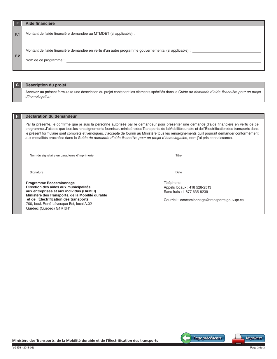 Forme V-3179 Demande Daide Financiere Pour Un Projet Dhomologation - Programme Ecocamionnage - Quebec, Canada (French), Page 3