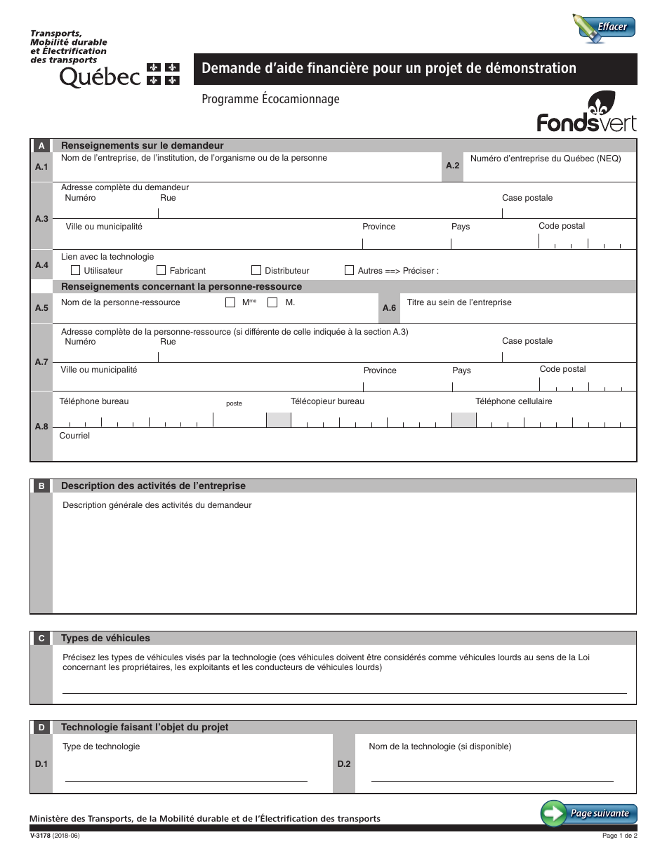 Form V-3178 Demande Daide Financiere Pour Un Projet De Demonstration - Programme Ecocamionnage - Quebec, Canada, Page 1