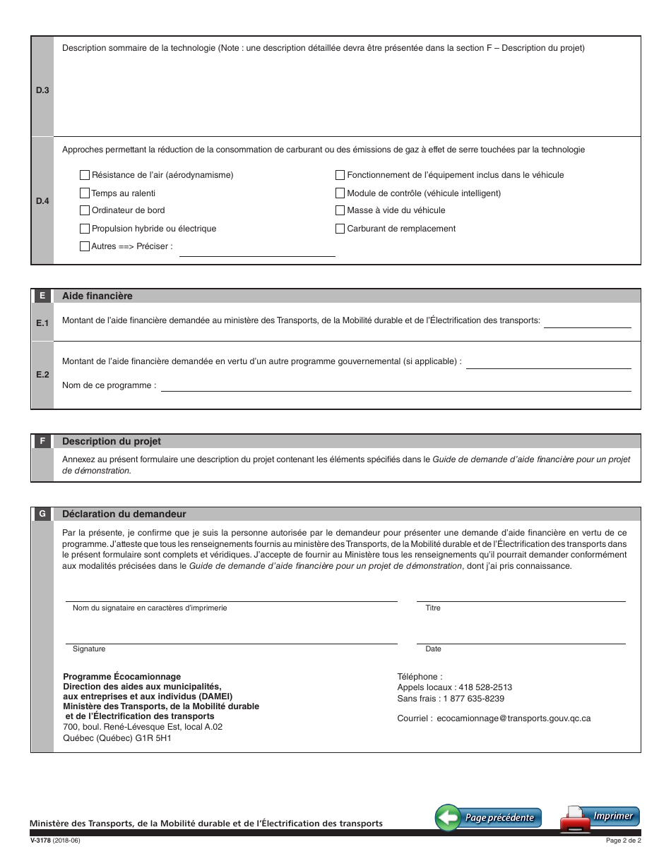 Form V-3178 Demande Daide Financiere Pour Un Projet De Demonstration - Programme Ecocamionnage - Quebec, Canada, Page 2