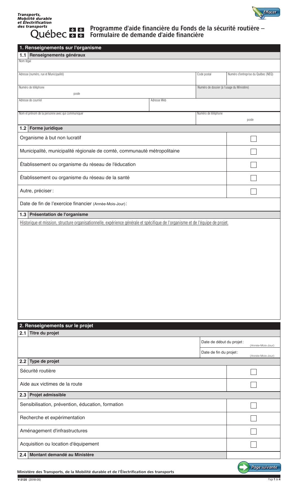 Forme V-3120 Programme Daide Financiere Du Fonds De La Securite Routiere  Formulaire De Demande Daide Financiere - Quebec, Canada (French), Page 1