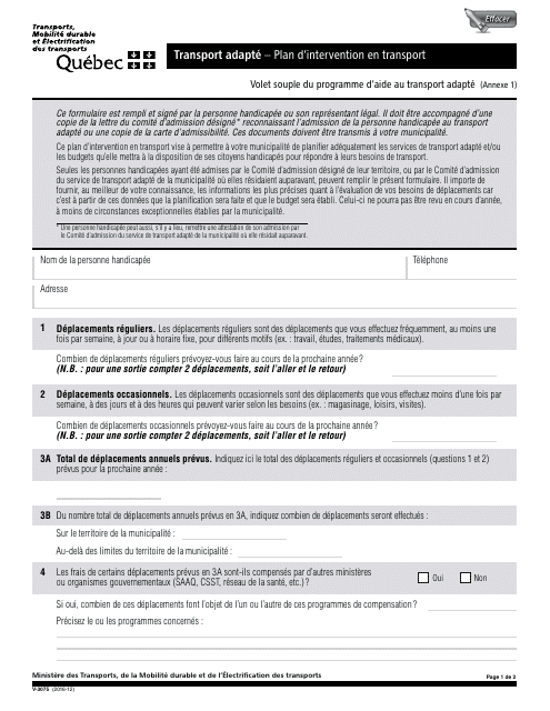 Forme V-3075 Transport Adapte &quot; Plan D&#039;intervention En Transport - Quebec, Canada (French)
