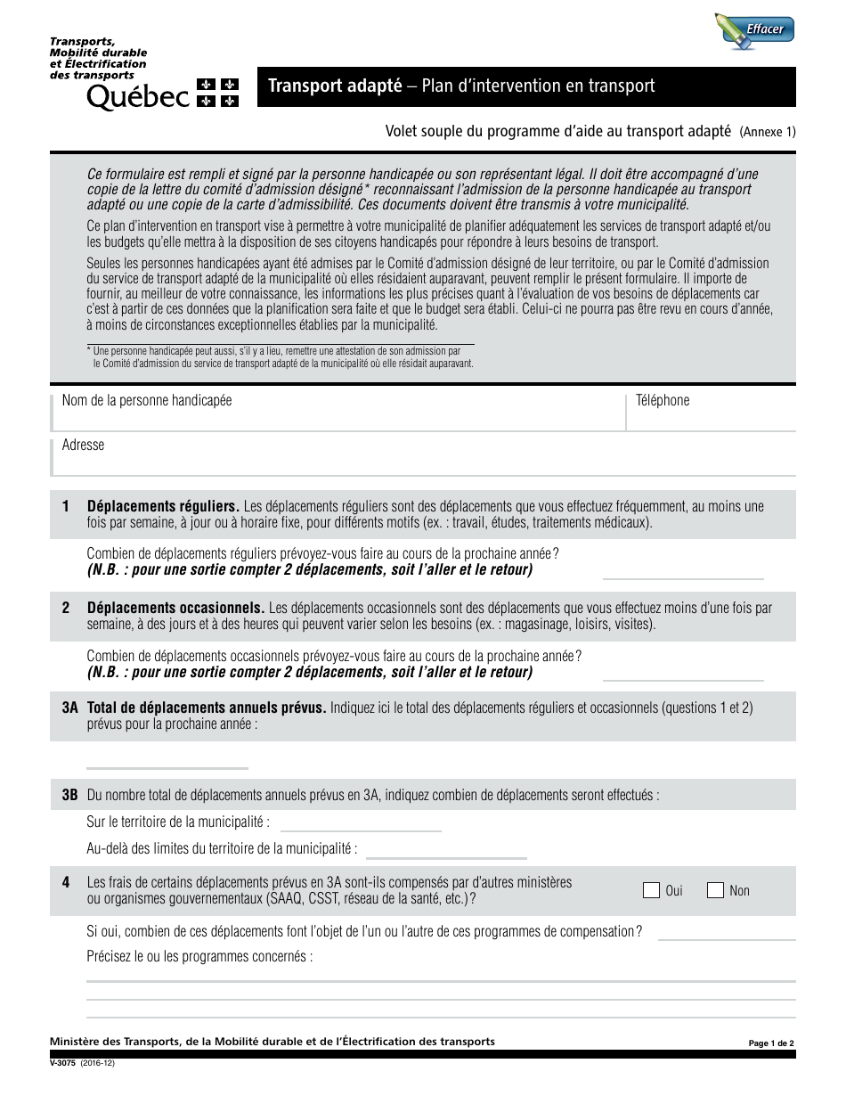 Forme V-3075 Transport Adapte  Plan Dintervention En Transport - Quebec, Canada (French), Page 1