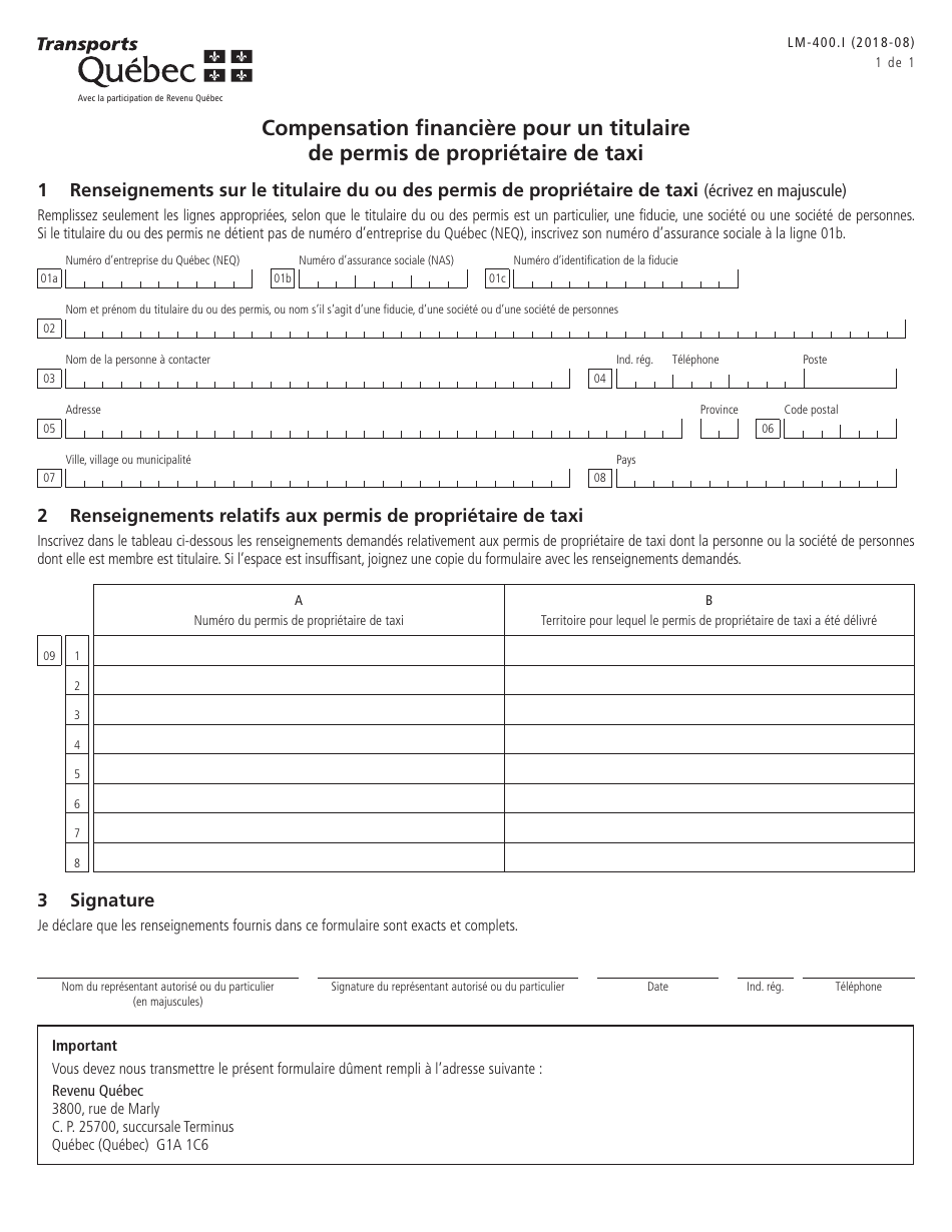 Forme LM-400.I Compensation Financiere Pour Un Titulaire De Permis De Proprietaire De Taxi - Quebec, Canada (French), Page 1