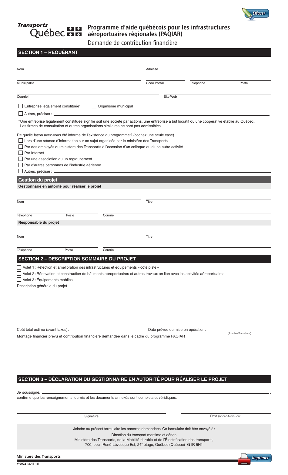 Forme V-0022 Programme Daide Quebecois Pour Les Infrastructures Aeroportuaires Regionales (Paqiar) Demande De Contribution Financiere - Quebec, Canada (French), Page 1