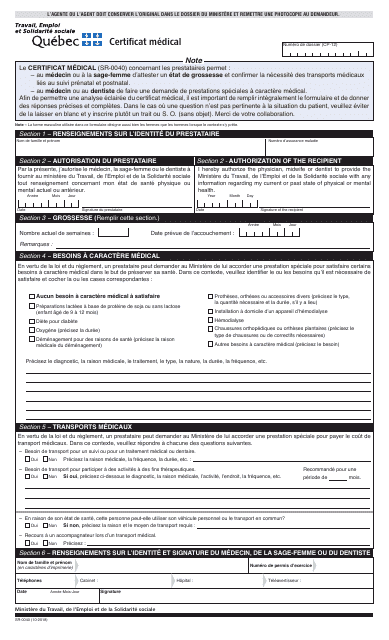 Forme SR-0040 Certificat Medical - Quebec, Canada (French)