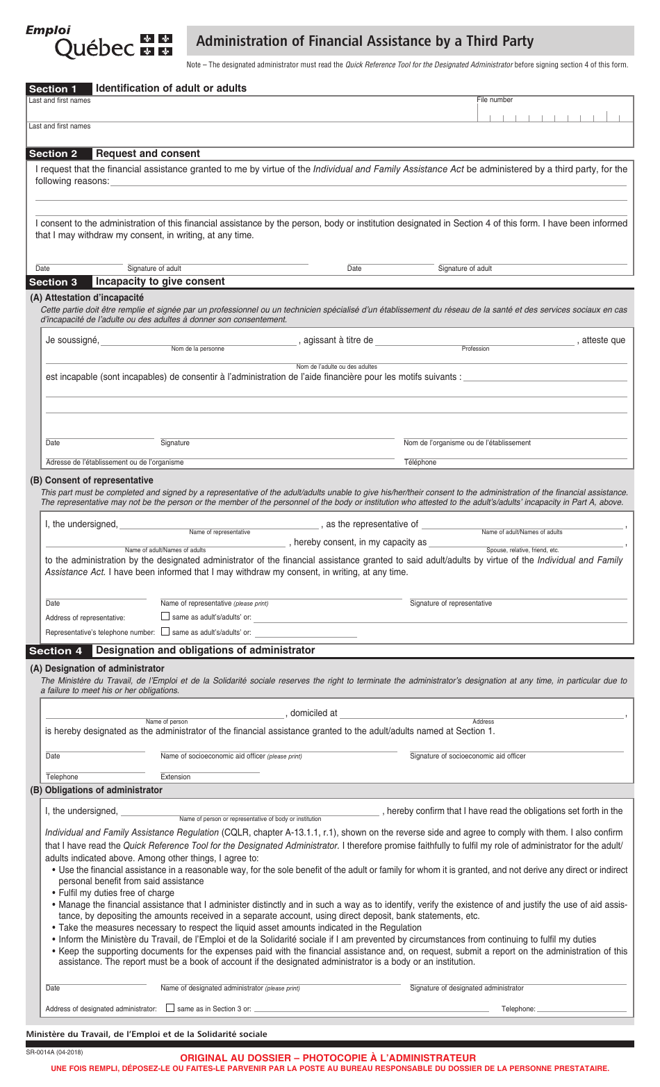 Form SR-0014A Administration of Financial Assistance by a Third Party - Quebec, Canada, Page 1