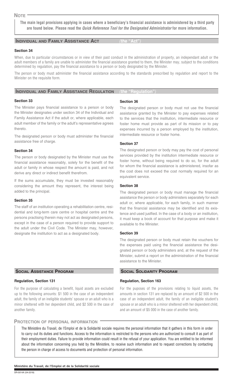 Form SR-0014A Administration of Financial Assistance by a Third Party - Quebec, Canada, Page 2