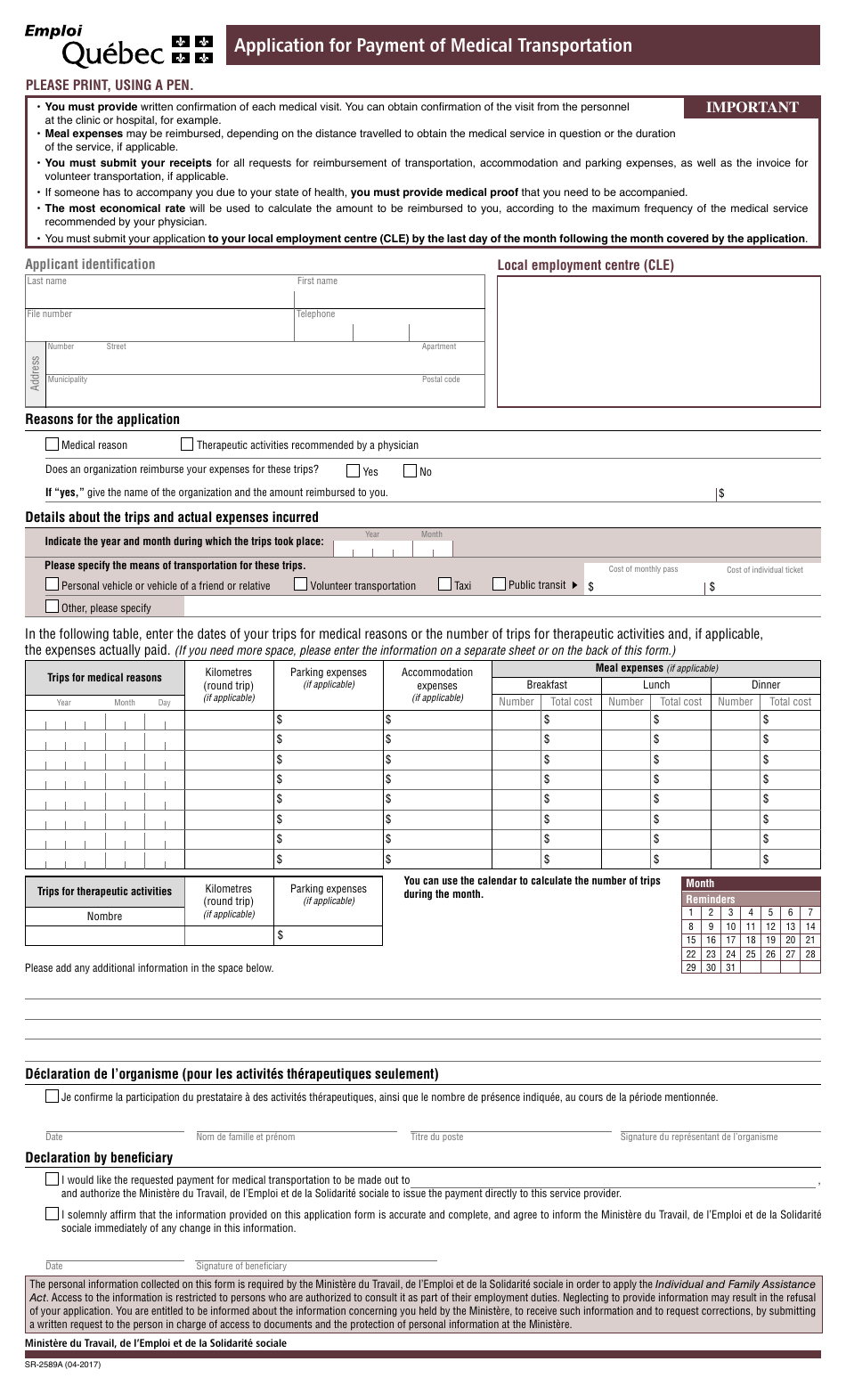 Form SR2589A Fill Out, Sign Online and Download Printable PDF, Quebec Canada (English/French