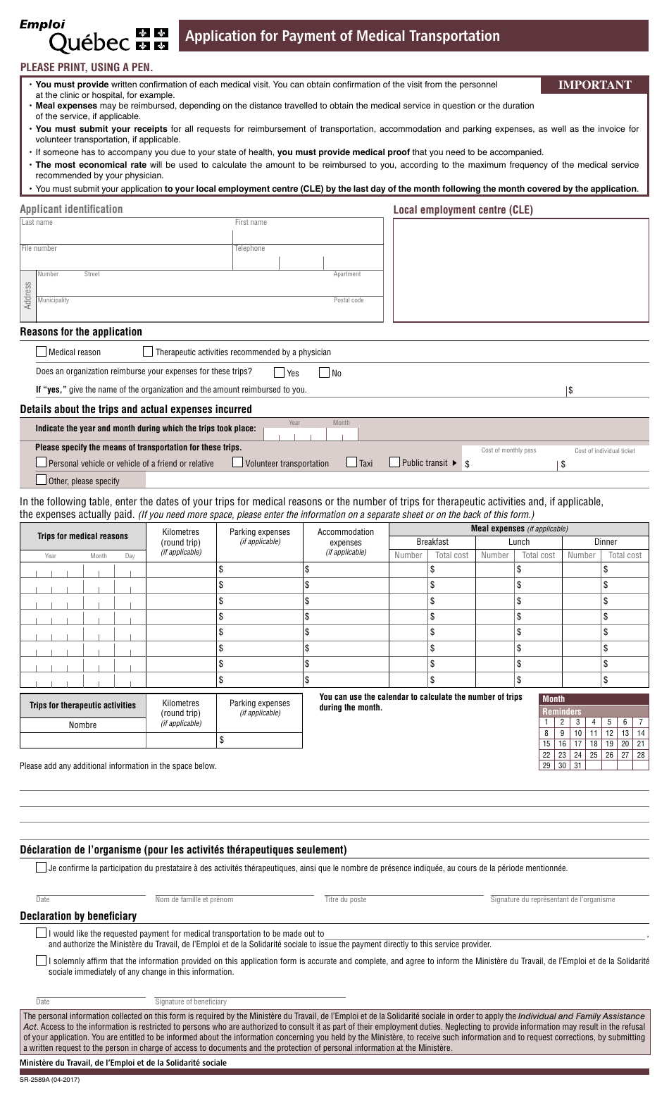Form SR-2589A Application for Payment of Medical Transportation - Quebec, Canada (English / French), Page 1