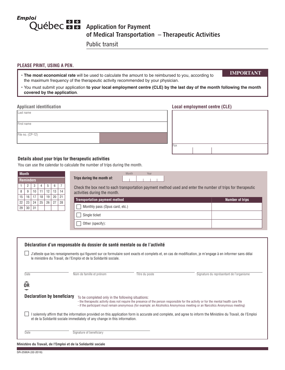 Form SR-2590A Application for Payment of Medical Transportation - Therapeutic Activities - Quebec, Canada (English / French), Page 1