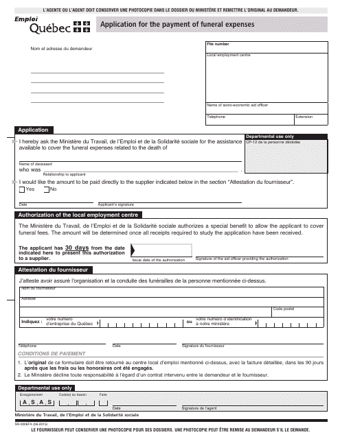 Form SR-0006FA Application for the Payment of Funeral Expenses - Quebec, Canada