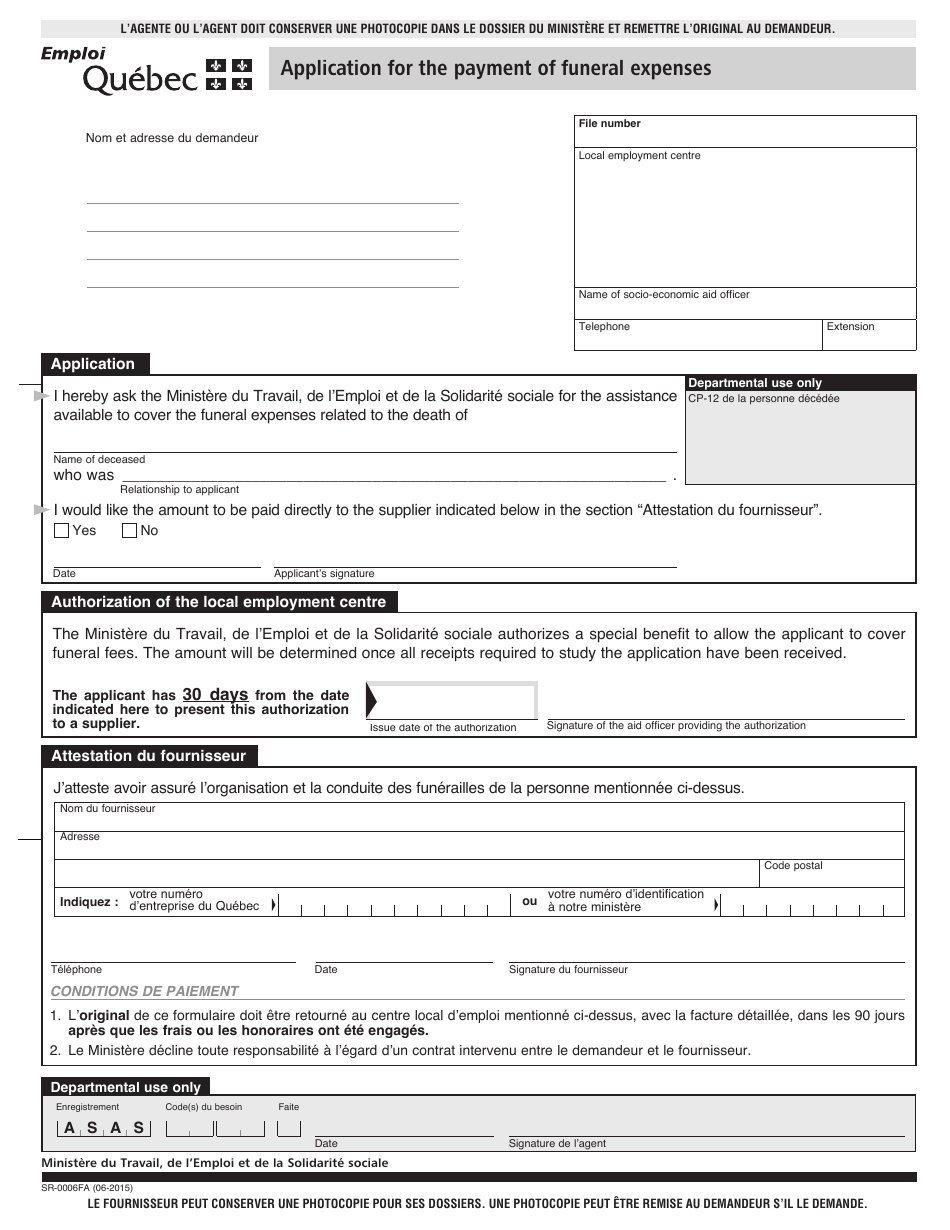 Form SR-0006FA Application for the Payment of Funeral Expenses - Quebec, Canada, Page 1