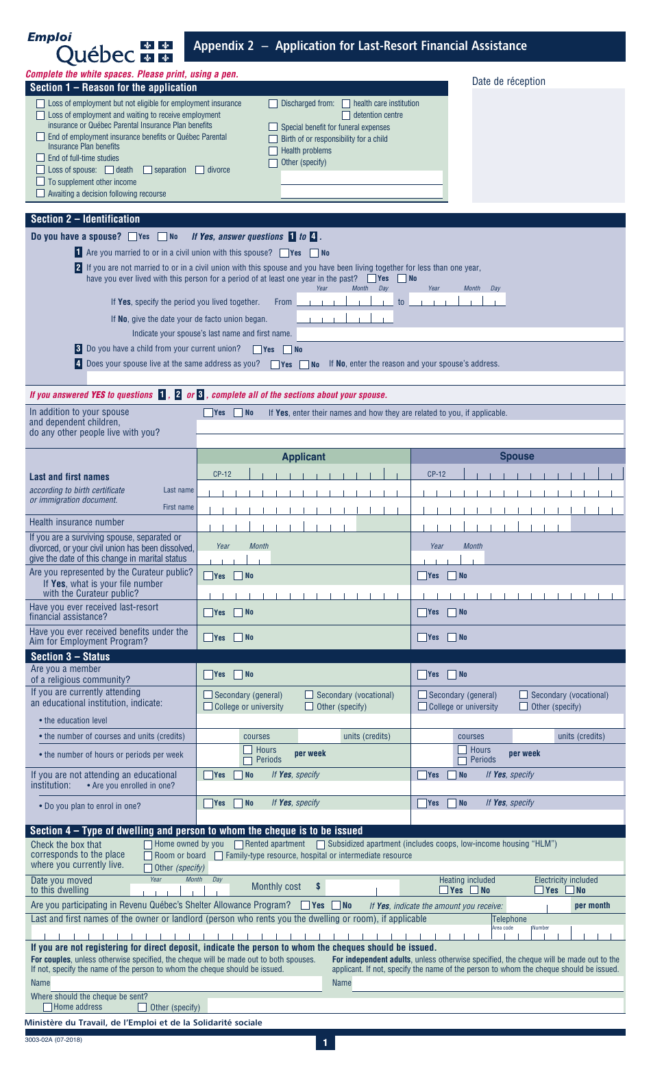 Form 3003-02A Appendix 2 Application for Last-Resort Financial Assistance - Quebec, Canada, Page 3