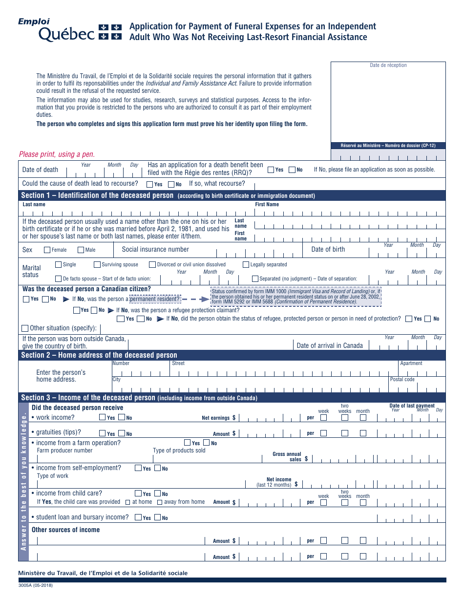 Form 3005A Application for Payment of Funeral Expenses for an Independent Adult Who Was Not Receiving Last-Resort Financial Assistance - Quebec, Canada, Page 2