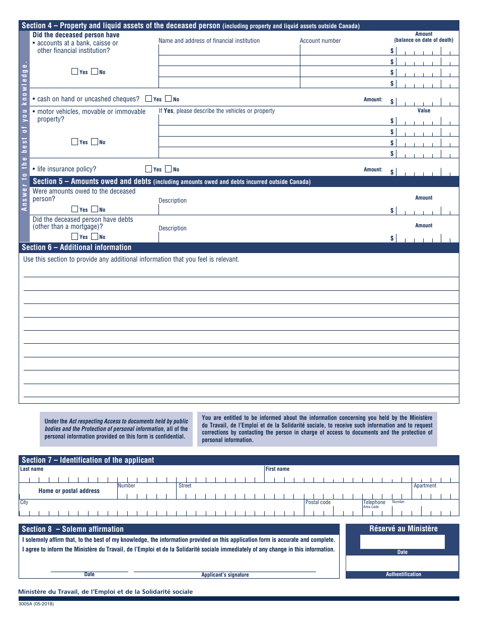 Form 3005A Application for Payment of Funeral Expenses for an Independent Adult Who Was Not Receiving Last-Resort Financial Assistance - Quebec, Canada, Page 3