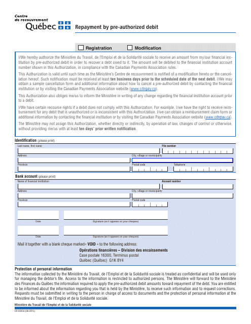 Form CR-0035A Repayment by Pre-authorized Debit - Quebec, Canada