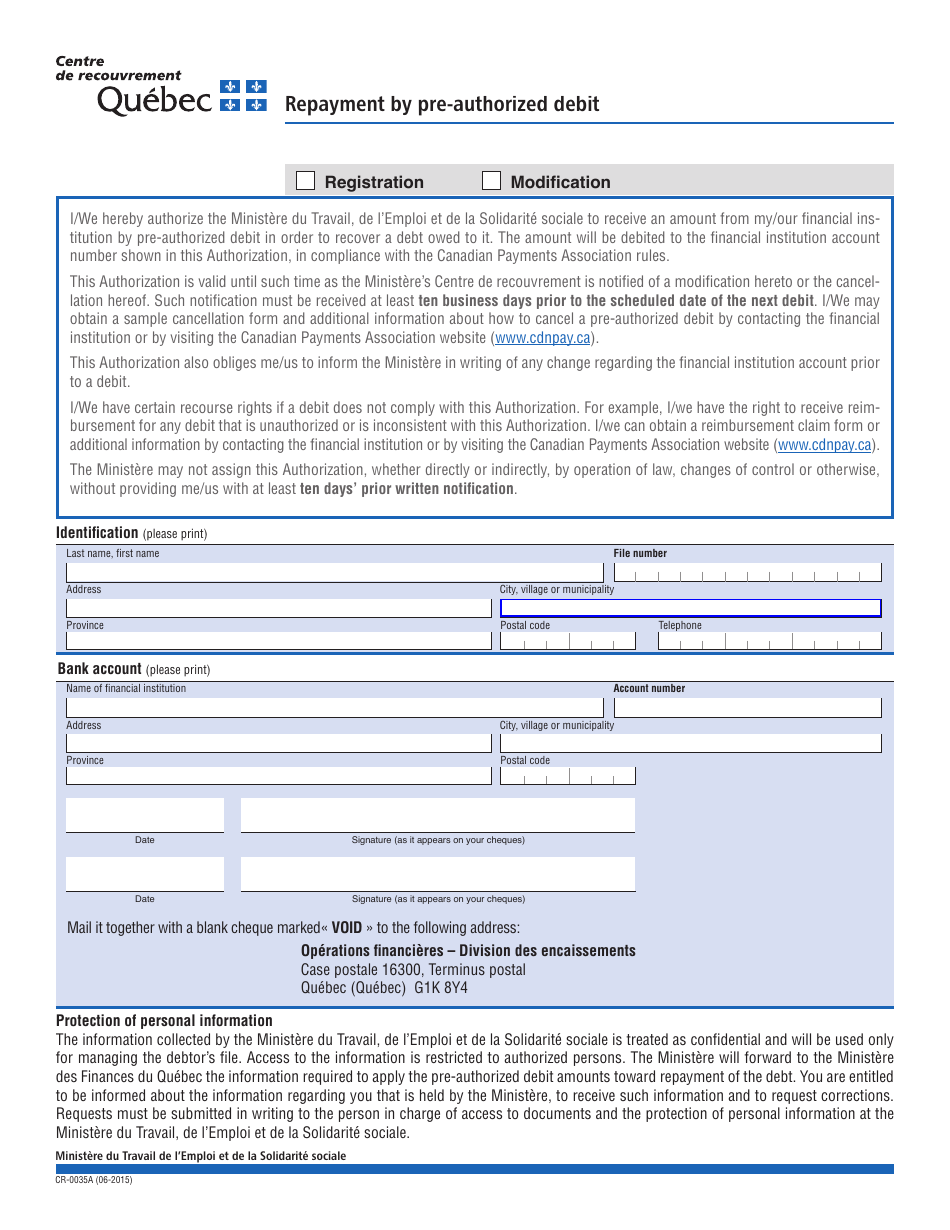 Form CR-0035A Repayment by Pre-authorized Debit - Quebec, Canada, Page 1