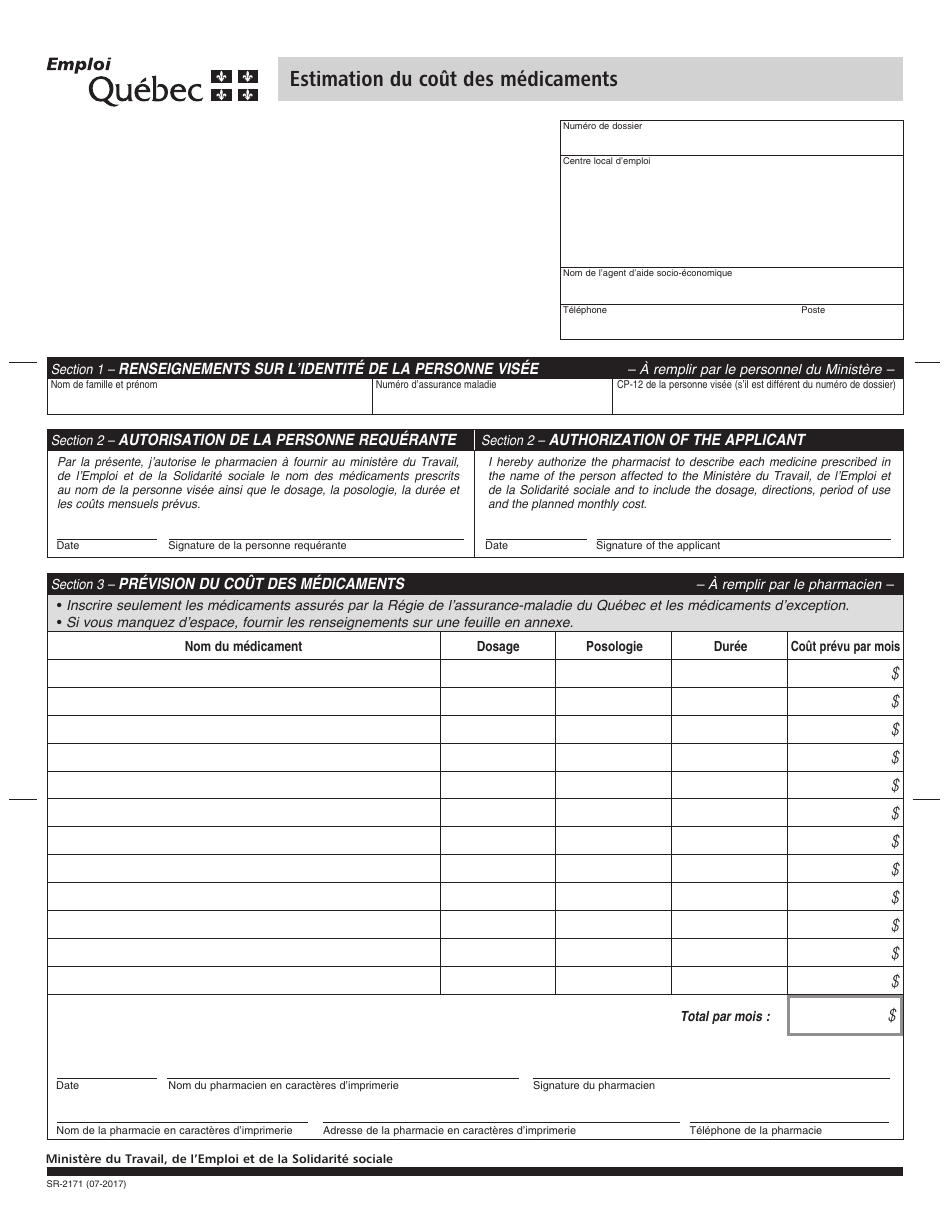 Forme SR-2171 Estimation Du Cout DES Medicaments - Quebec, Canada (French), Page 1