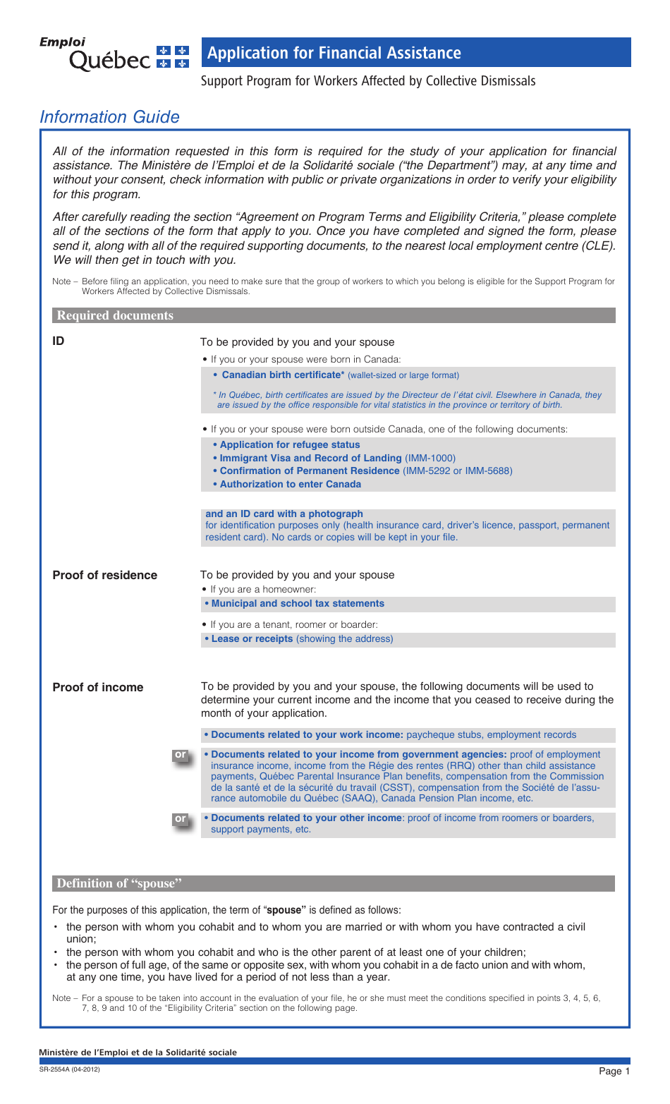 Form SR-2554A Application for Financial Assistance - Quebec, Canada, Page 1