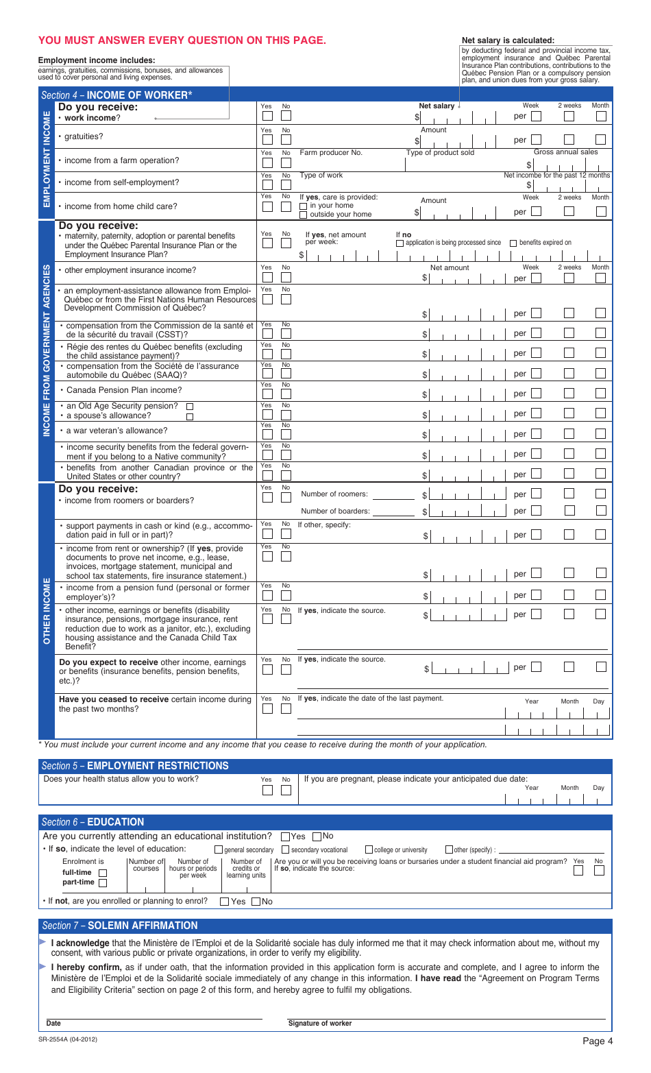 Form SR-2554A Application for Financial Assistance - Quebec, Canada, Page 4