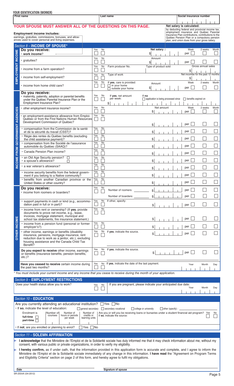 Form SR-2554A Application for Financial Assistance - Quebec, Canada, Page 5