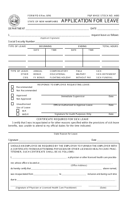 Form PD-8 Application for Leave - New Hampshire