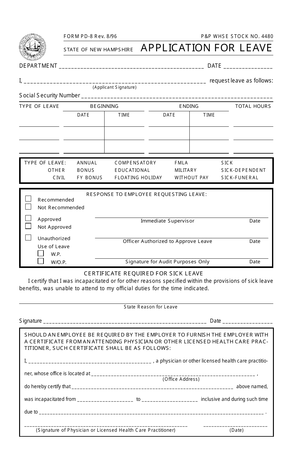 Form PD-8 Application for Leave - New Hampshire, Page 1