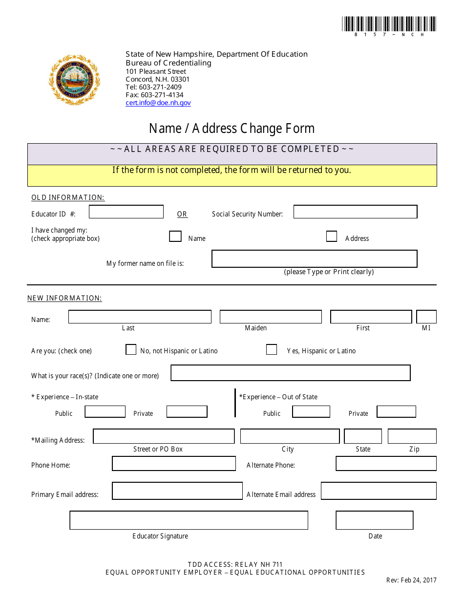 Name / Address Change Form - New Hampshire, Page 1
