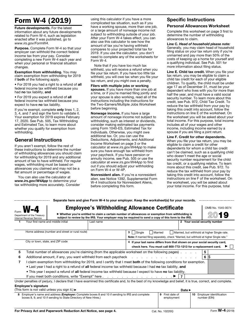 IRS Form W-4 Employees Withholding Allowance Certificate, Page 1